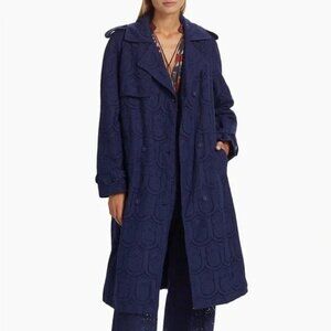 Farm Rio Eyelet Cotton Double-Breasted Trench Coat Navy Pineapple Size XS NWT